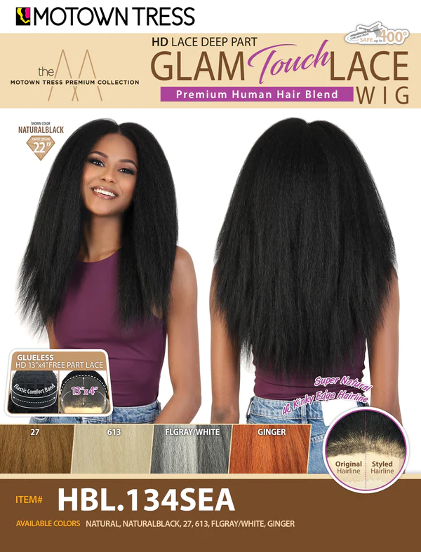 Motown Tress Premium Collection Premium Human Hair Blend 13" x 4.5" Free Part Glam Touch Synthetic Lace Front Wig HBL.134 Sea